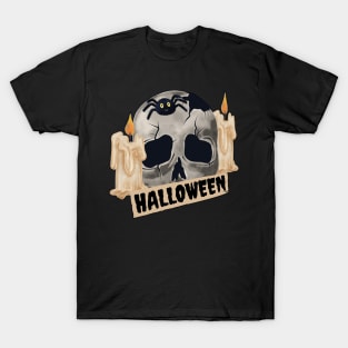 broken skull with candles and spider for Halloween T-Shirt